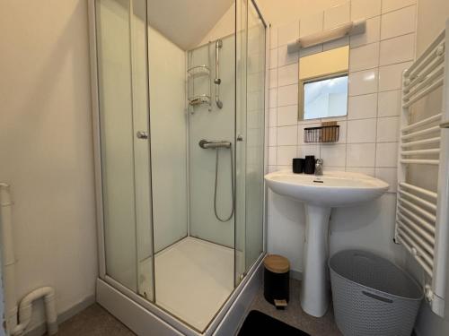 une salle de bain avec une douche en verre et un lavabo dans l'établissement Apartment near Le Mans 24H Circuit, à Yvré-lʼÉvêque
