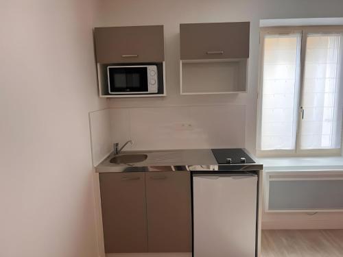 une petite cuisine avec un évier et un micro-ondes dans l'établissement Apartment in Ballon near Le Mans Circuit, à Ballon