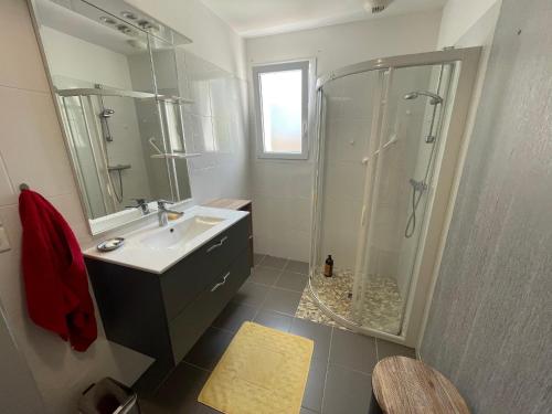 une salle de bain avec un lavabo et une douche dans l'établissement Maison 3 chambres, terrasse, jardin à La Terrière - FR-1-22-386, à La Tranche-sur-Mer