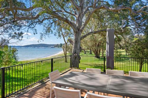 a table and chairs with a tree and the beach at Bayview Cottage Waterfront Soldiers Point in Soldiers Point