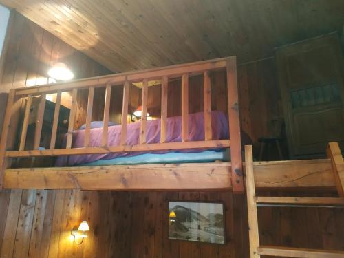 un lit superposé dans une cabane en bois avec des draps violets dans l'établissement Studio au pied des pistes, centre Val d'Isère, 3 pers, cosy mezzanine, cuisine équipée, WiFi - FR-1-519-37, à Val dʼIsère