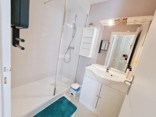 une salle de bain avec une douche, un lavabo et un miroir dans l'établissement Appartement 4 personnes près de la mer avec terrasse et parking - FR-1-746-34, à Courseulles-sur-Mer