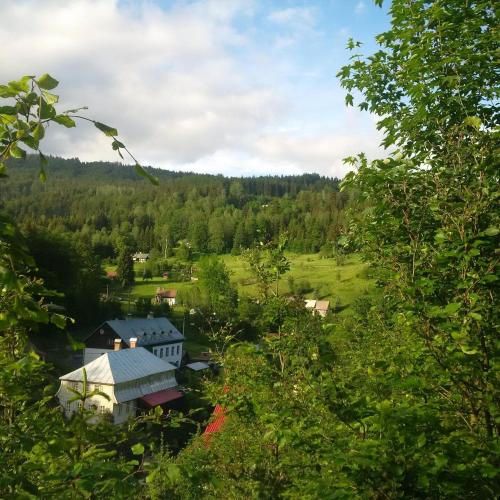 a view of a farm from the trees at Pension V údolí v Jizerských horách in Josefuv dul