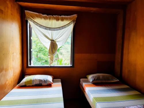 two beds in a room with a window at BATAD Simons Viewpoint Inn and Pizza Restaurant in Banaue