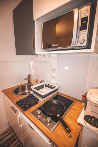 une petite cuisine avec une cuisinière et un micro-ondes dans l'établissement Cocooning studio Rue Raphaël, au Puy-en-Velay