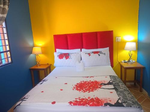 a bedroom with a bed with a red headboard at Neo & Ruks Guest Houses parow 4 in Avondale