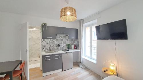 une cuisine avec un évier et un plan de travail dans l'établissement Syracuse - Studio lumineux, à Reims