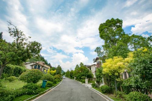 an empty street with houses and trees on a cloudy day at Avatar Valley Villas in Zhangjiajie