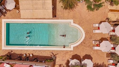 an overhead view of a swimming pool with people in the water at Le mas de l'Ourika, maison d'hôtes in Aït Zat