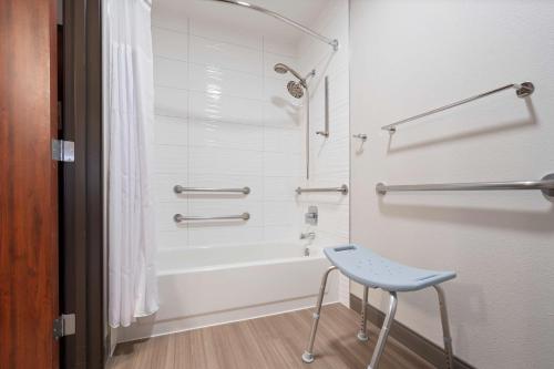 a shower with a blue stool in a bathroom at Best Western Lake Oswego Hotel & Suites in Lake Oswego