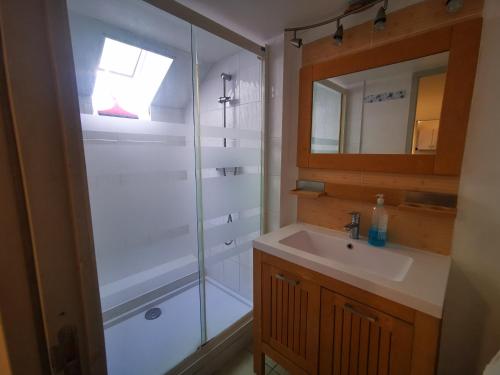 une salle de bain avec douche et lavabo dans l'établissement Les grands pins, à Fiquefleur-Équainville
