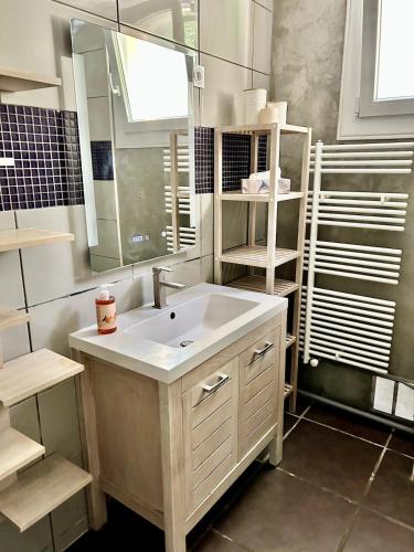 une salle de bain avec un lavabo et un miroir dans l'établissement Cozy apartment 75m2, garden, beach and center 15 min, à Montpellier