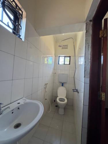 a bathroom with a white toilet and a sink at The Hut Hostel in Arusha