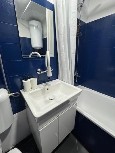 a bathroom with a white sink and a blue wall at Apartment Rosa in Gabrovo