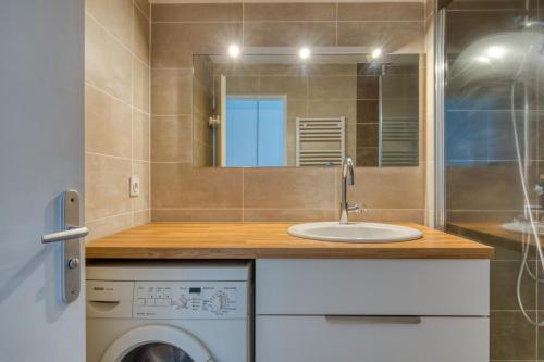 une salle de bain avec un lavabo et une machine à laver dans l'établissement Première Ligne Avec Terrasse, à Mauguio