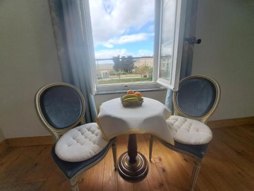 a table with a bowl of fruit on it in front of a window at La Maison du Canal - Homps - Le Sweet in Homps