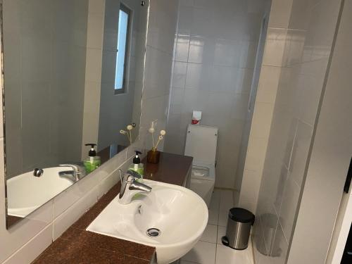 a bathroom with a sink and a mirror and a toilet at Lalaguna Villas Luxury Dive Resort and Spa in Puerto Galera