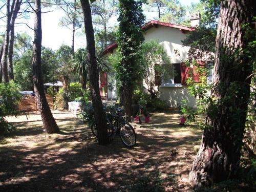 un vélo garé devant une maison arborée dans l'établissement House 200 m from beach and forest path, à Labenne
