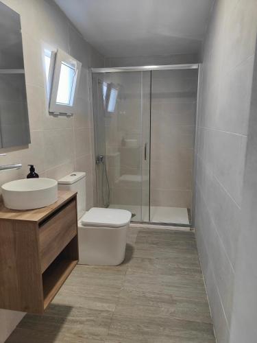 a bathroom with a toilet and a sink and a shower at Chalet con piscina dogfriendly - alojamiento entero in Algar de Palancia