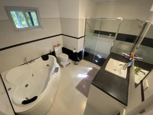 a bathroom with a tub and a shower and a toilet at Lalaguna Villas Luxury Dive Resort and Spa in Puerto Galera