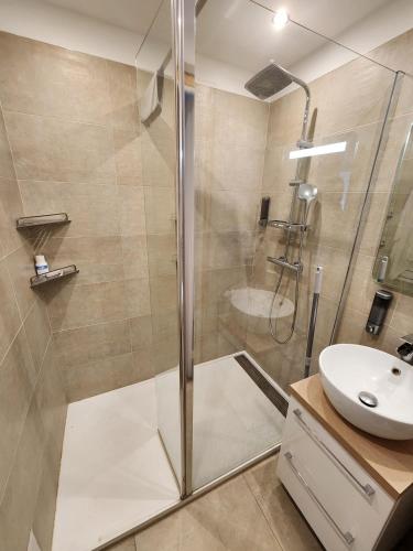 une salle de bain avec douche et lavabo dans l'établissement Élégance et mer à Juan-les-Pins, à Antibes