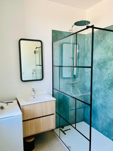 une salle de bain avec un lavabo et une douche dans l'établissement La tanière d'Agoult, à Goult