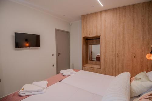 a bedroom with a large white bed and a television at Zoi Elegant Green Apartments in Filiatra