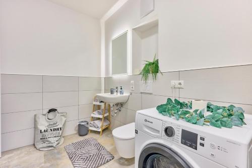 a laundry room with a washing machine and a sink at Elegantes 2 Zimmer Apartment Top Lage in Bruchsal