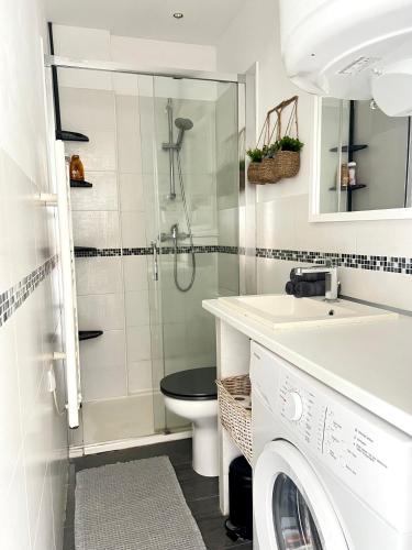une salle de bain avec une douche, des toilettes et un lavabo dans l'établissement Juan Les Pins 2BR Sunny Top Floor 50m Beach Central, à Antibes
