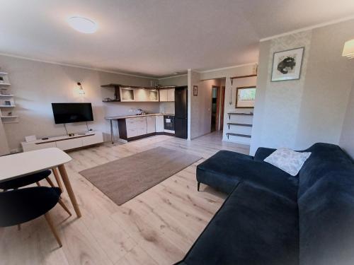 a living room with a blue couch and a kitchen at MY apartement, 3 tuba, privaatne sissekäik in Tartu