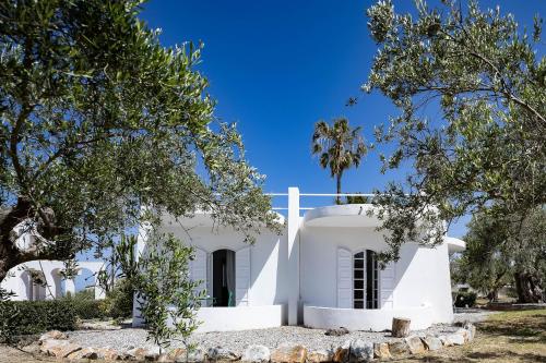a white house with trees in front of it at Villa Grambella in Sfakaki