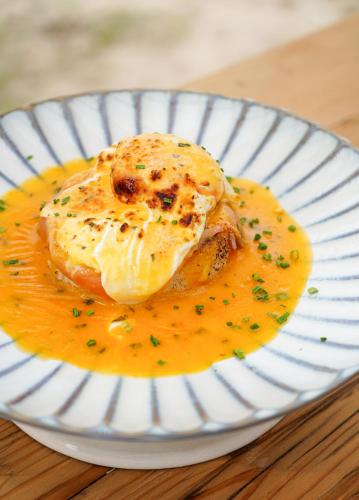 Un plato de comida con un trozo de pollo en salsa. en Hannah Formentera, en Playa de Migjorn