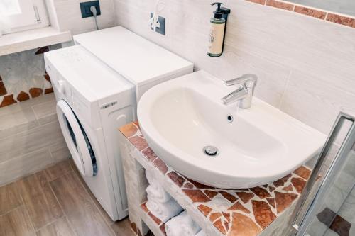 a bathroom with a sink and a washer and dryer at Agriturismo Le Marognole in Colà di Lazise