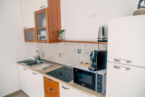 a kitchen with a white refrigerator and a microwave at Agriturismo Le Marognole in Colà di Lazise