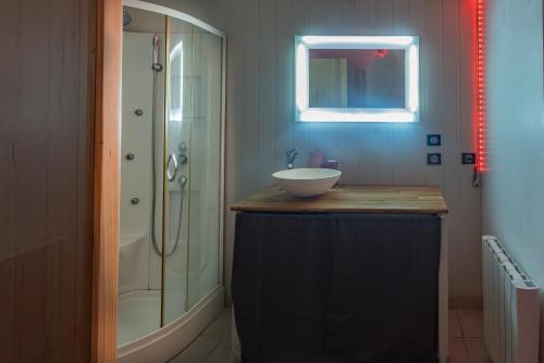 a bathroom with a sink and a shower at Villa avec Piscine, Jacuzzi et Sauna Privé dans les Dombes in Ambérieux-en-Dombes