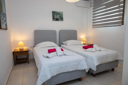 two twin beds in a room with two lamps at Krinakia Villas in Xerokampos