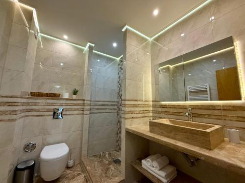 a bathroom with a toilet and a sink and a mirror at Cosher - Gardenia Palace Apt 11 in Pomorie