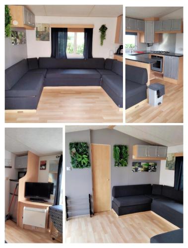 Il comprend un salon et une cuisine avec un canapé bleu. dans l'établissement Camping paradis du Quinquis - MH 3 chambres, à Clohars-Carnoët