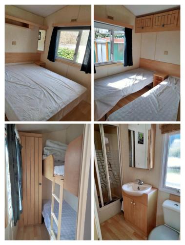 un collage de trois photos d'une chambre et d'une caravane dans l'établissement Camping paradis du Quinquis - MH 3 chambres, à Clohars-Carnoët
