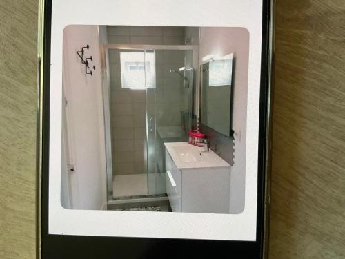 une photo d'une salle de bains avec douche et lavabo dans l'établissement Les cedres, à Saint-Pierre-le-Moûtier