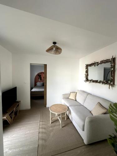 un salon avec un canapé et un miroir dans l'établissement Maisonnette Cosy T2 parking privé, à Niort