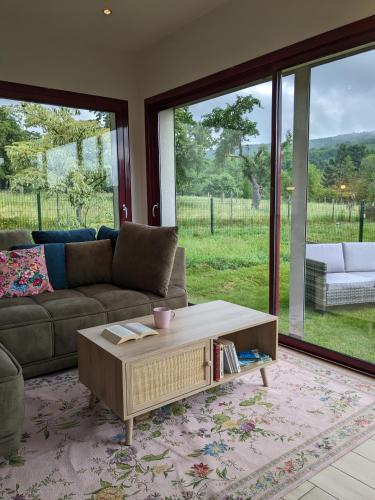 un salon avec un canapé et une table basse dans l'établissement Aux Fleurs des Champs - Appartement avec Terrasse, Parking et Piscine, à Lautenbach