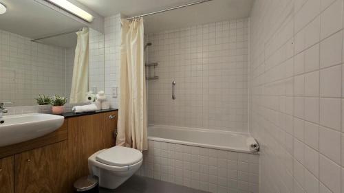 a bathroom with a toilet and a tub and a sink at Charming Newly Renovated 2 Bed with free parking in Galway
