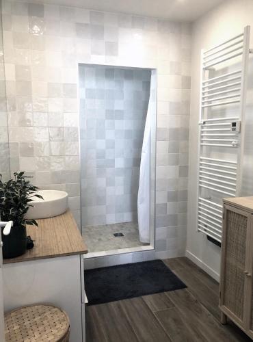 une salle de bain avec une douche avec un lavabo et des toilettes dans l'établissement Maison Familiale, à Nîmes