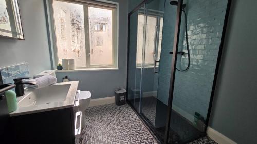 a bathroom with a glass shower and a sink at Galway City Centre, 3 bedroom, sleeps 6 in Galway