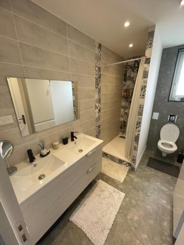 une salle de bain avec un lavabo, des toilettes et un miroir dans l'établissement 85m2 Neuf, Lumineux et Spacieux en Centre-ville, à Saint Lo