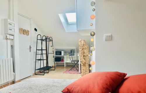 - un salon avec un oreiller rouge et une fenêtre dans l'établissement Chavalliaud 10 studio cosy à 2 pas du centre, à Reims