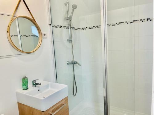 une salle de bain avec une douche, un lavabo et un miroir dans l'établissement Chavalliaud 10 studio cosy à 2 pas du centre, à Reims