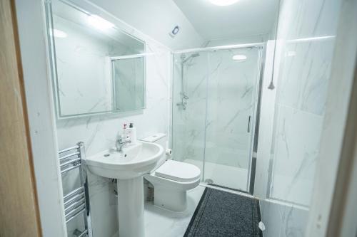 a bathroom with a toilet and a sink and a shower at Spacious Countryside Barn House in Little Bridgeford