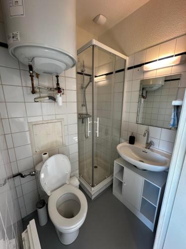 une salle de bain avec toilettes, lavabo et douche dans l'établissement Studio paisible, à Vannes